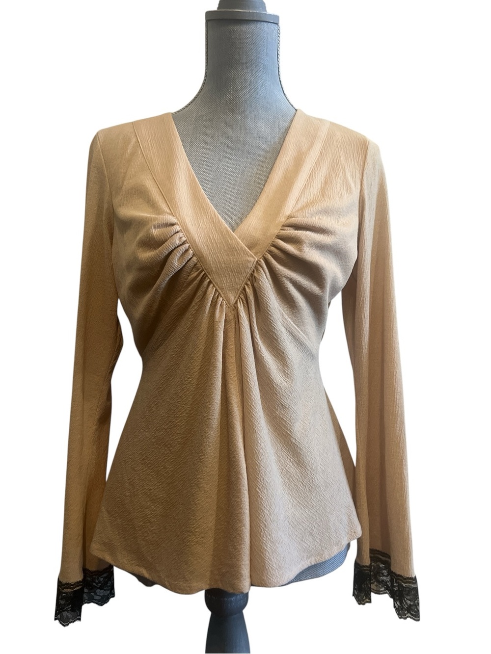 Arden B Beige/Tan V-Neck Gathered Front Top with Black Bell Lace Cuffs